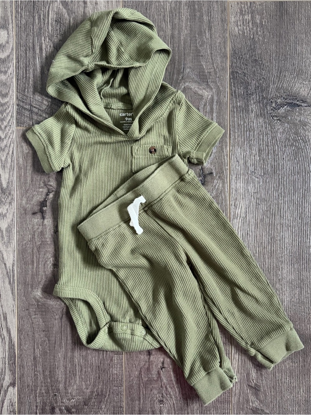 Carter's Olive Green Waffle Knit Hooded Baby Boy Set